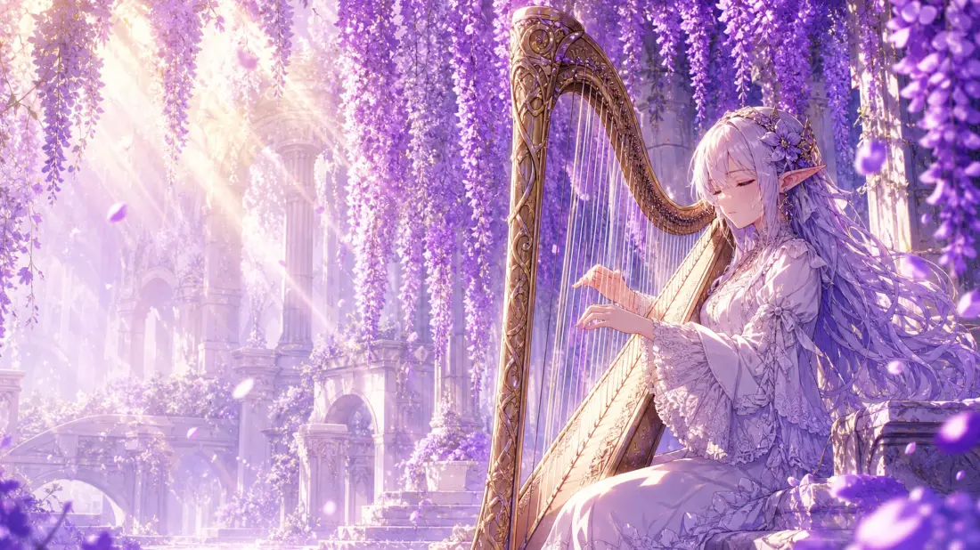 4k精灵少女壁纸｜紫藤花竖琴背景图片 - 治愈二次元插画「哲风壁纸」