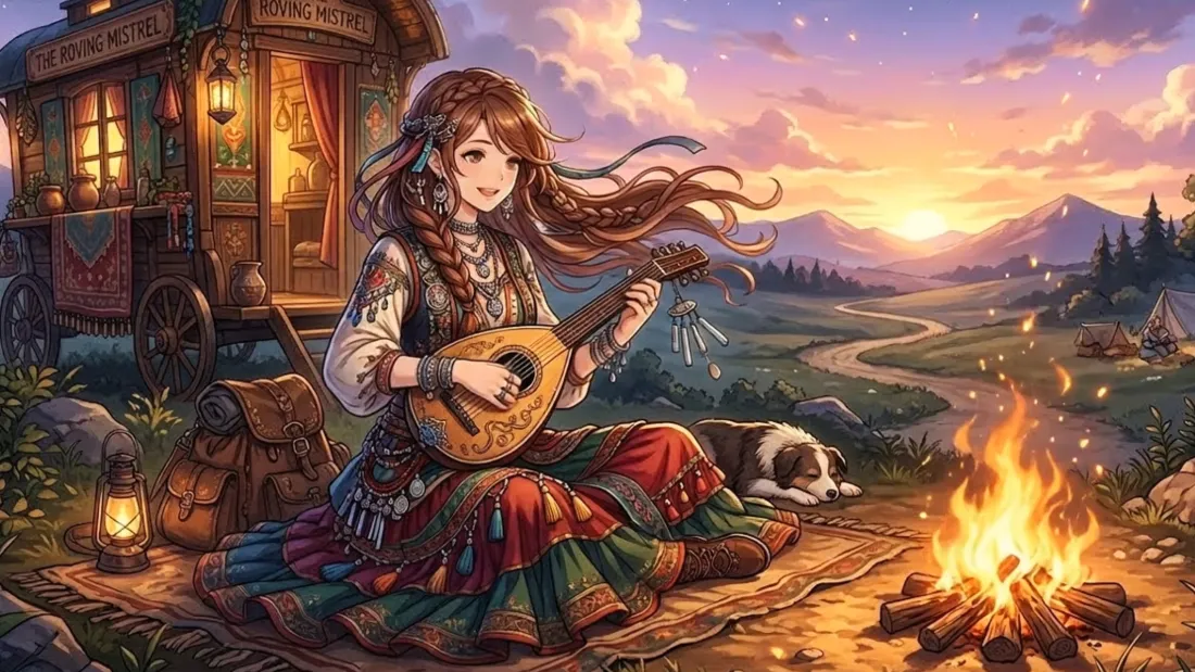 4k弹奏乐器的少女壁纸｜篝火草原背景图片 - 日落二次元插画「哲风壁纸」