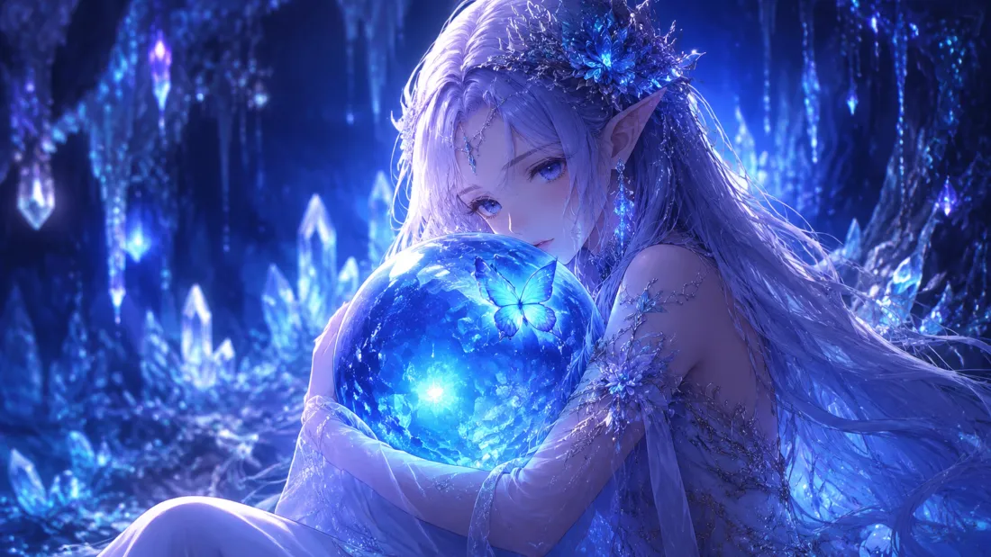 4k精灵少女壁纸｜蓝色水晶洞穴背景图片 - 怀抱发光魔法球「哲风壁纸」