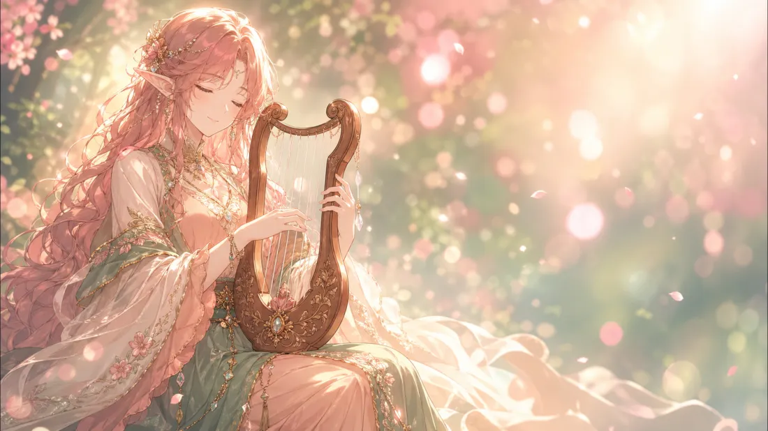 4k精灵少女壁纸｜梦幻花林暖光背景图片 - 弹奏竖琴「哲风壁纸」