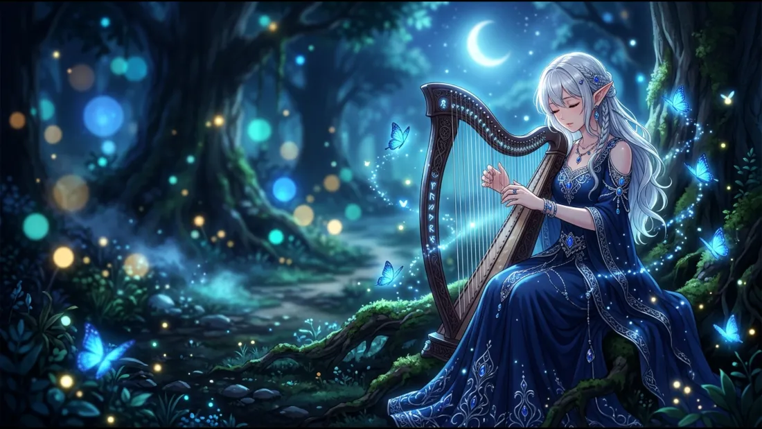 4k精灵少女壁纸｜月夜森林背景图片 - 弹竖琴梦幻二次元插画「哲风壁纸」
