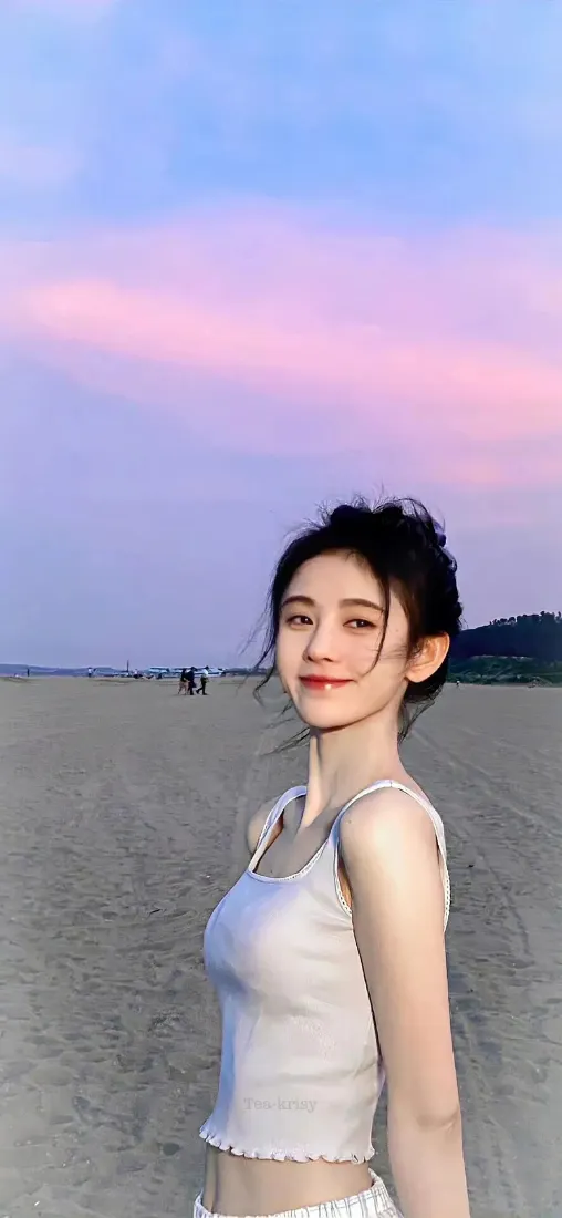 鞠婧祎手机壁纸｜海边沙滩黄昏背景图片 - 清新甜美气质写真「哲风壁纸」