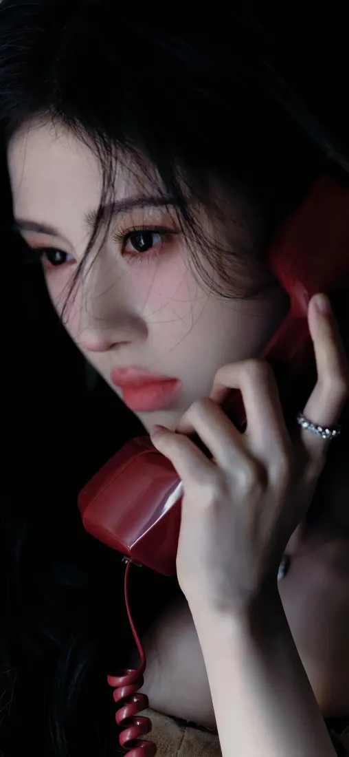 鞠婧祎手机壁纸｜暗调氛围感背景图片 - 红色电话时尚写真「哲风壁纸」