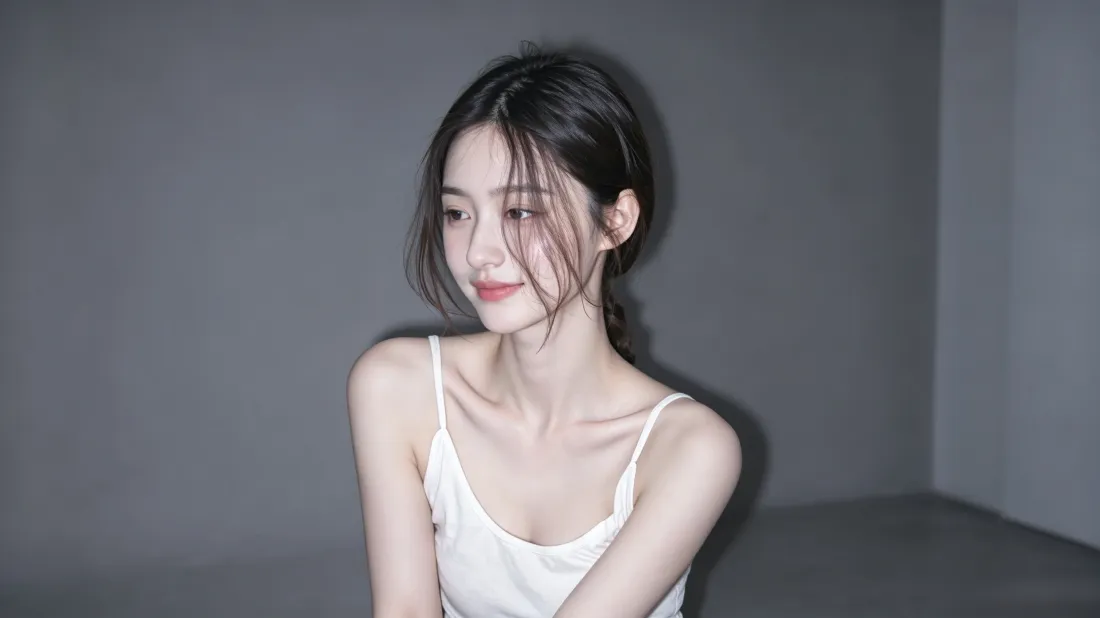 3k清冷气质美女壁纸｜极简灰色背景图片 - 白吊带氛围感写真「哲风壁纸」
