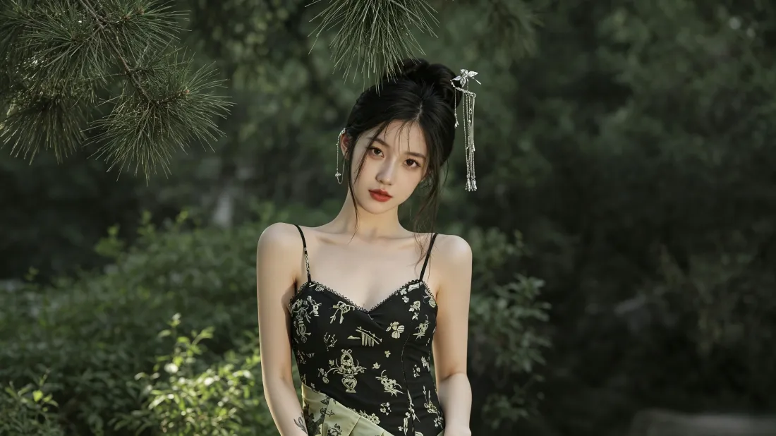 3k新中式美女壁纸｜林间绿植背景图片 - 清冷氛围感写真「哲风壁纸」