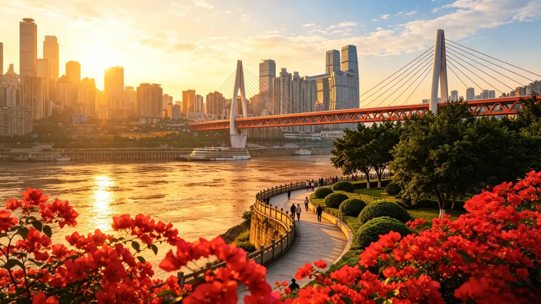 3k重庆滨江日落壁纸｜江岸城市背景图片 - 三角梅步道风光「哲风壁纸」