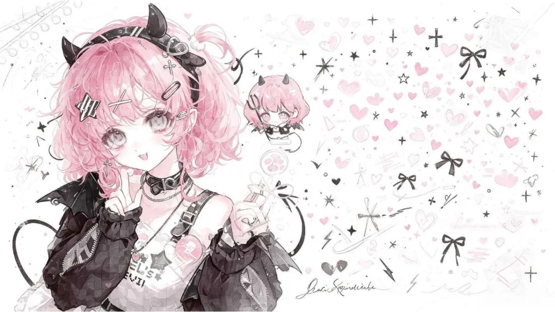 2k粉发小恶魔少女壁纸｜爱心星芒背景图片 - 二次元萝莉「哲风壁纸」