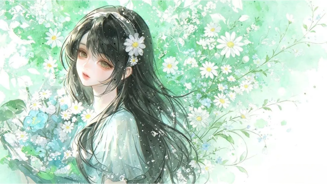 2k二次元少女壁纸｜雏菊花丛背景图片 - 软萌长发萝莉「哲风壁纸」