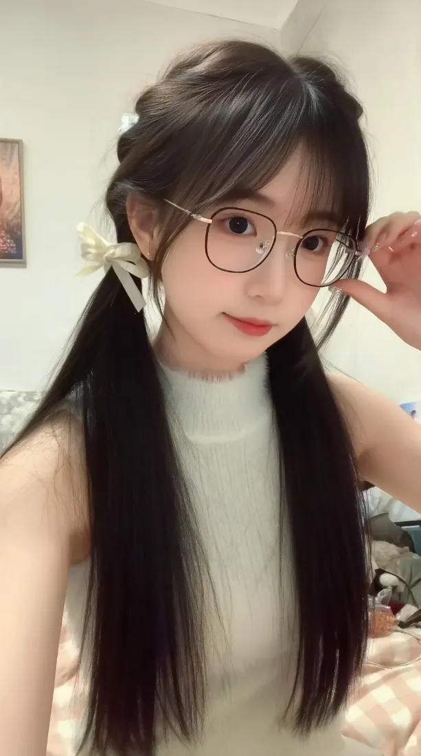 戴眼镜双马尾少女手机壁纸｜居家清新穿搭背景图片 - 甜美可人「哲风壁纸」