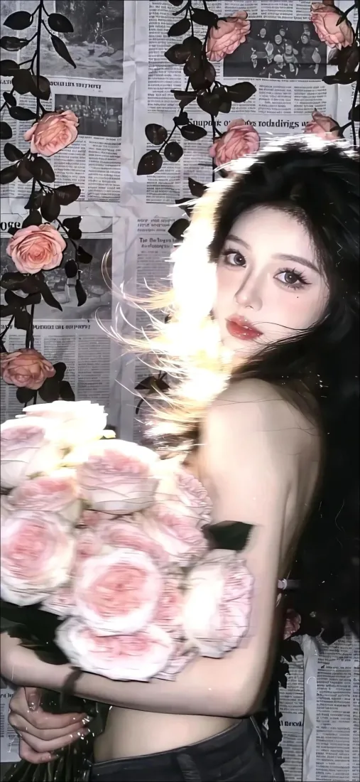 性感美女手机壁纸｜玫瑰花墙背景图片 - 天使翅膀写真「哲风壁纸」