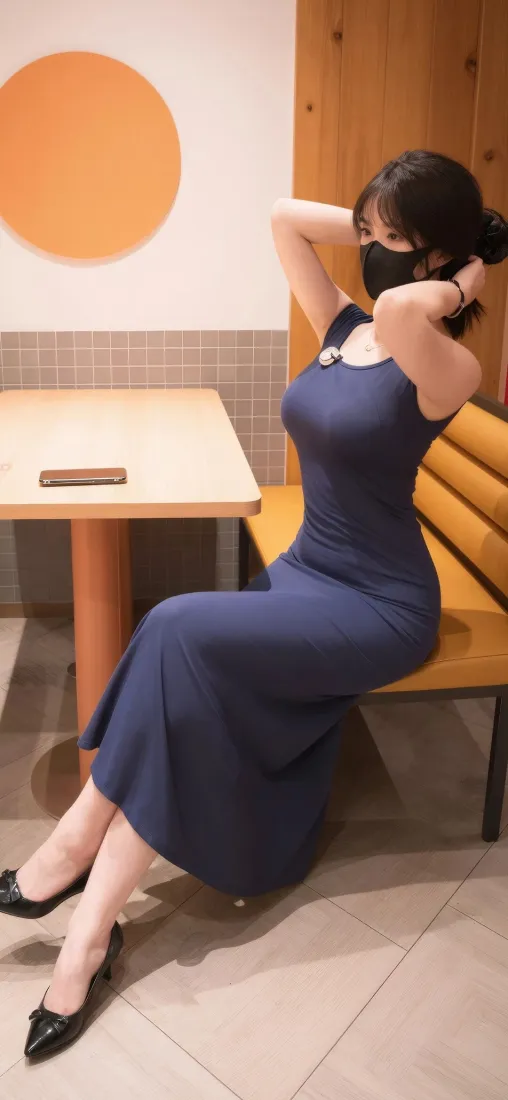 蓝裙美女手机壁纸｜休闲室内背景图片 - 性感气质穿搭「哲风壁纸」