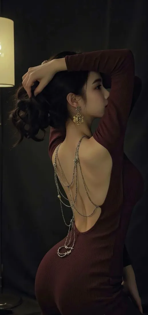 性感红裙美女手机壁纸｜暗调室内背景图片 - 露背氛围感人像「哲风壁纸」