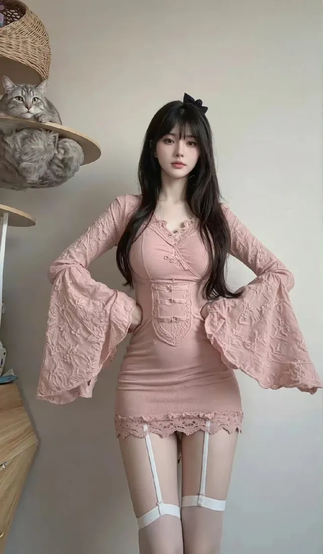 性感美女手机壁纸｜粉色蕾丝裙背景图片 - 黑长直写真「哲风壁纸」