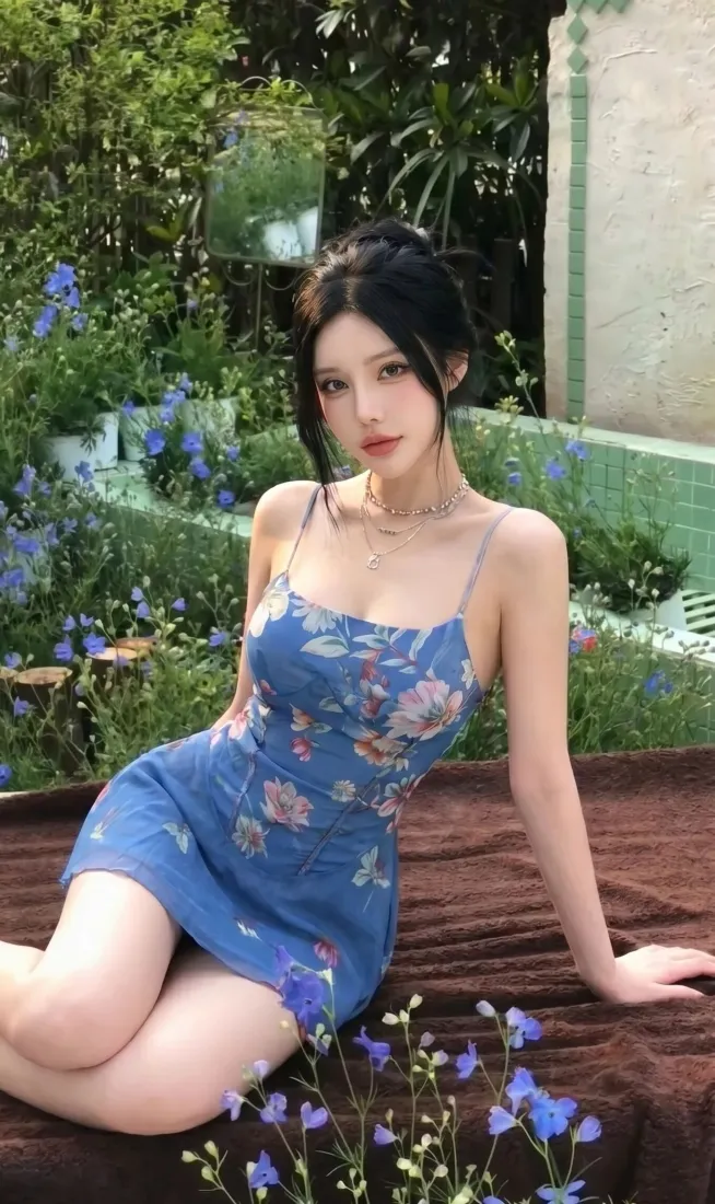 蓝色碎花裙美女手机壁纸｜户外庭院背景图片 - 性感写真「哲风壁纸」