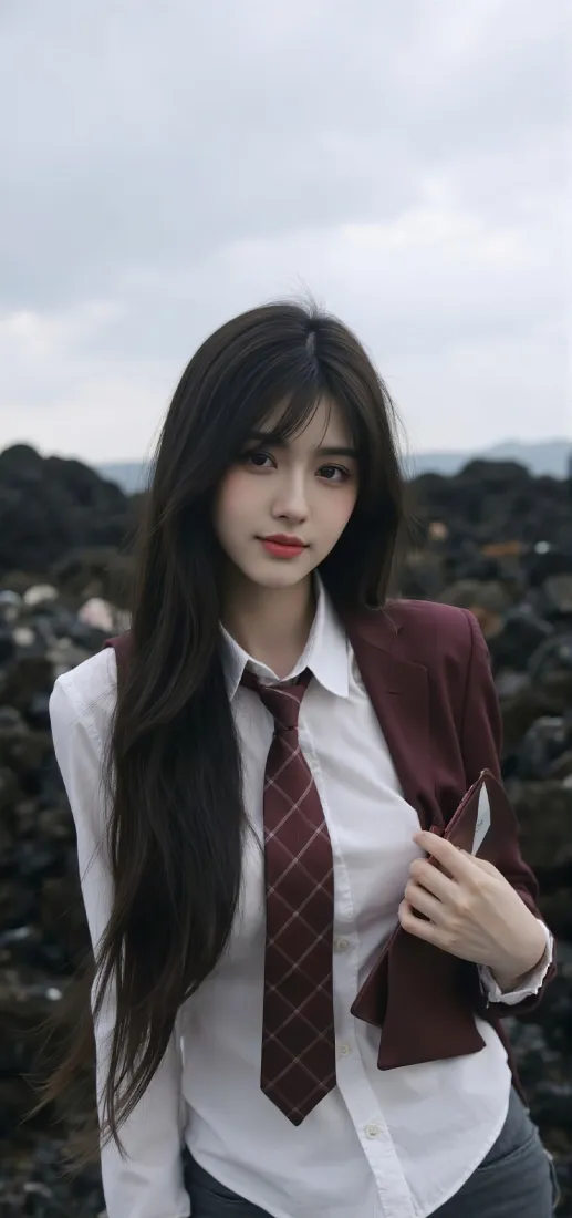 制服美女手机壁纸｜户外阴天背景图片 - 性感长发穿搭「哲风壁纸」