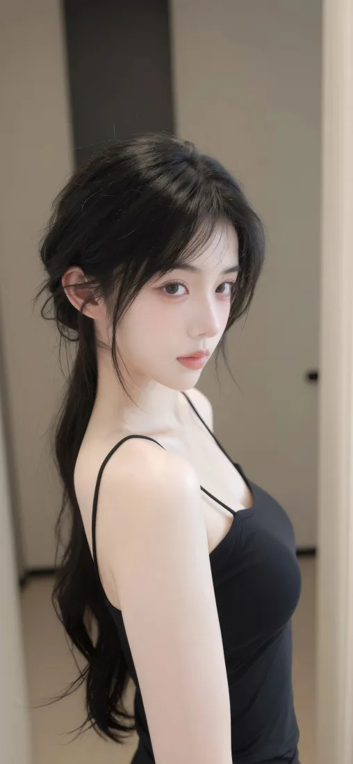 性感美女手机壁纸｜黑色吊带长发背景图片 - 清冷氛围感「哲风壁纸」