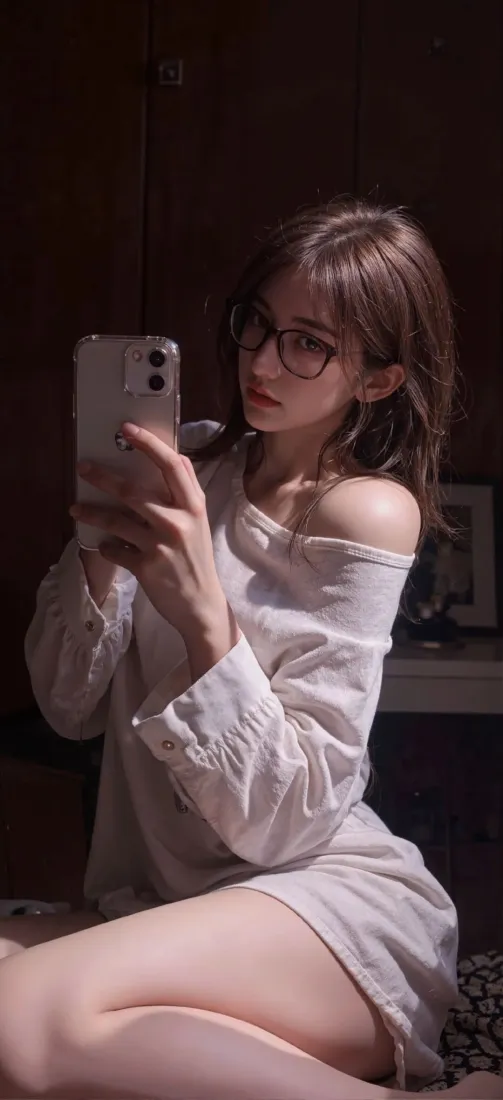 性感眼镜美女手机壁纸｜居家对镜自拍背景图片 - 露肩白衬衫「哲风壁纸」