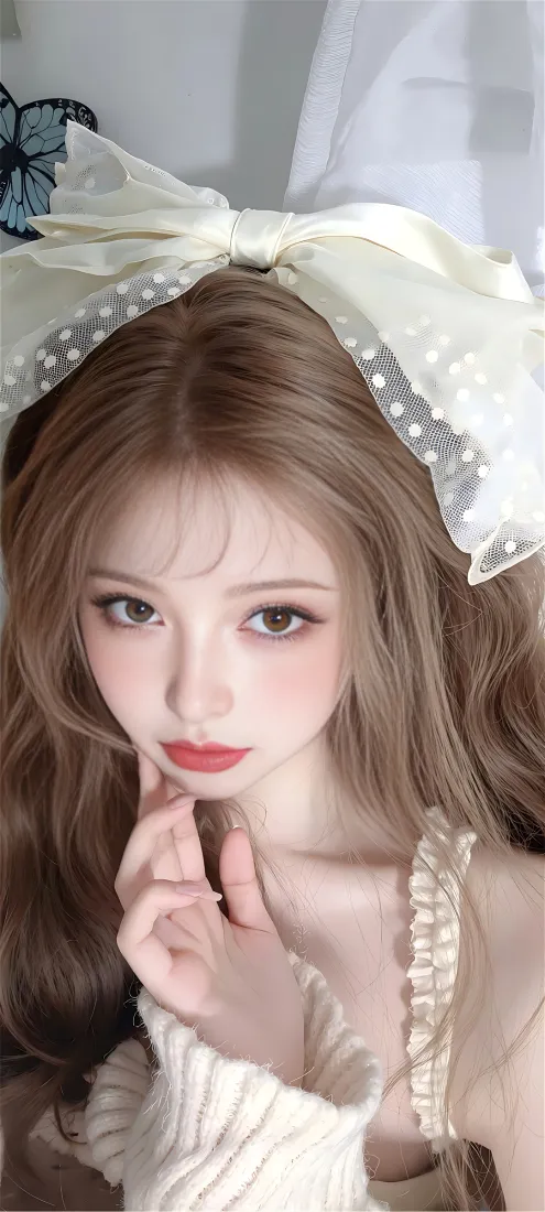 性感美女手机壁纸｜白色吊带背景图片 - 棕发红唇少女「哲风壁纸」
