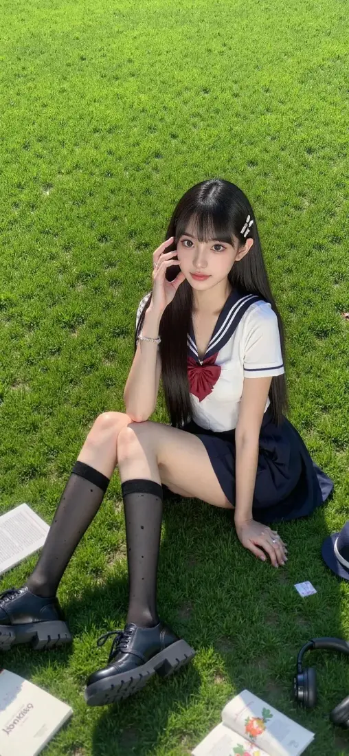JK制服美女手机壁纸｜户外草地背景图片 - 清纯性感人像「哲风壁纸」