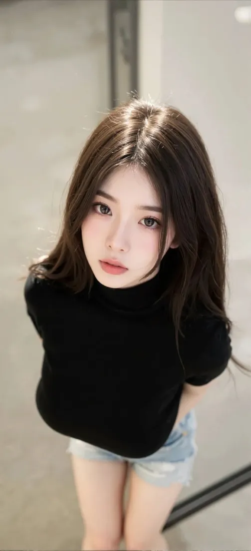 性感美女手机壁纸｜简约室内背景图片 - 黑色高领穿搭写真「哲风壁纸」