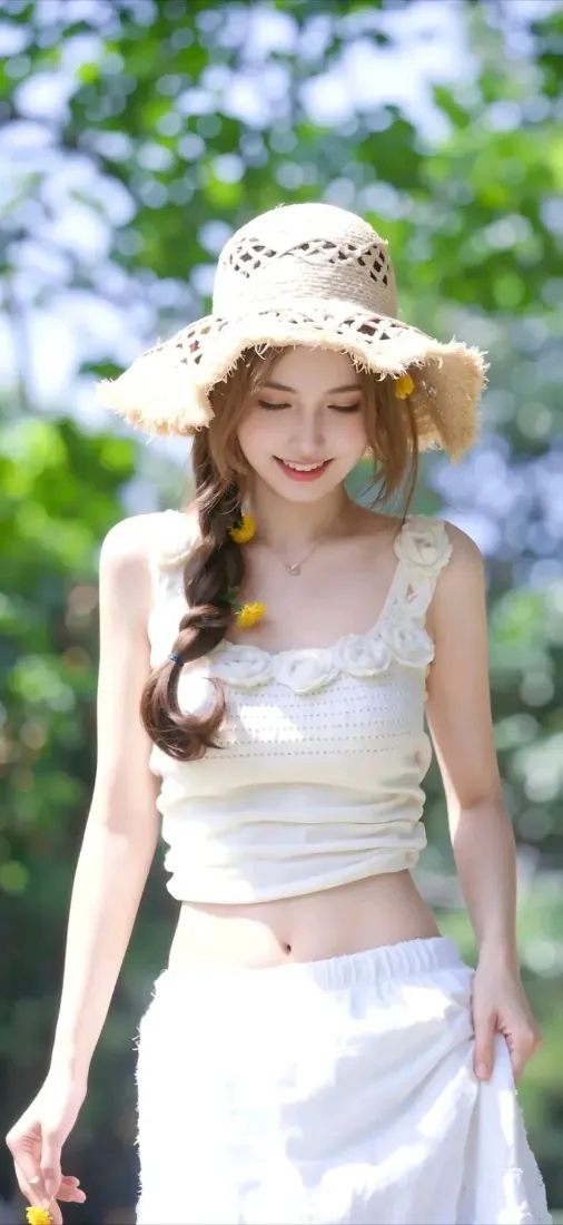 性感美女手机壁纸｜夏日户外清新背景图片 - 甜美草帽穿搭「哲风壁纸」
