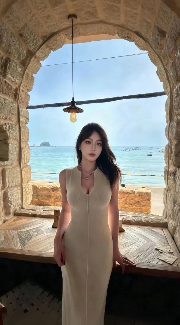 性感美女手机壁纸｜海边石拱门海景背景图片 - 浅色修身长裙「哲风壁纸」