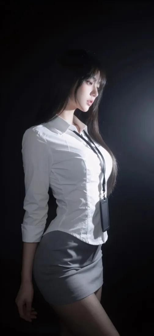 性感职场美女手机壁纸｜暗调背景图片 - 白衬衫包臀裙造型「哲风壁纸」