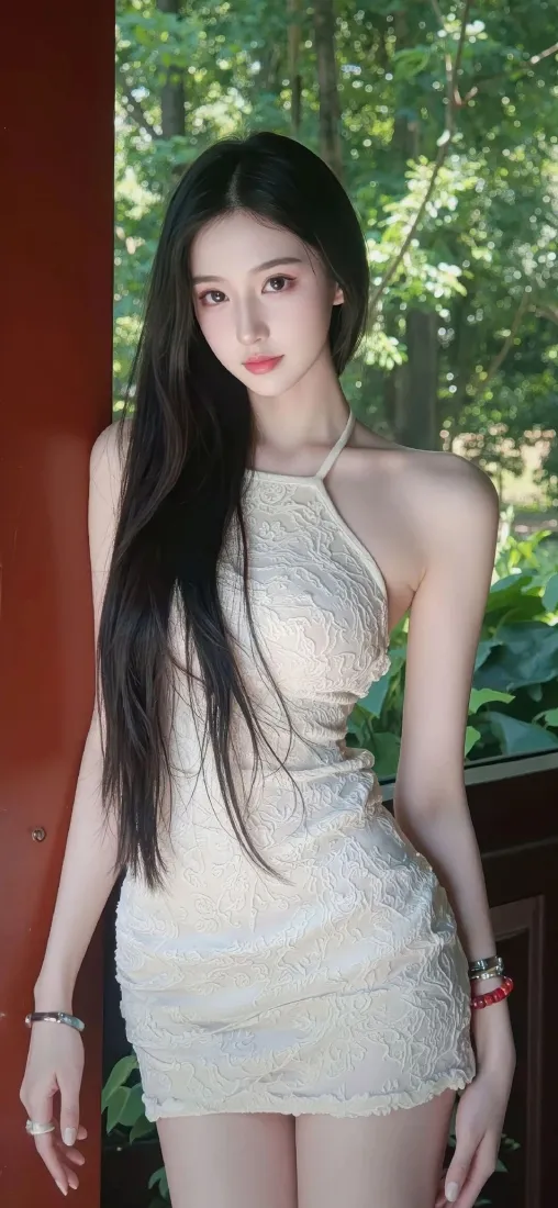 性感美女手机壁纸｜户外树林背景图片 - 白裙御姐「哲风壁纸」