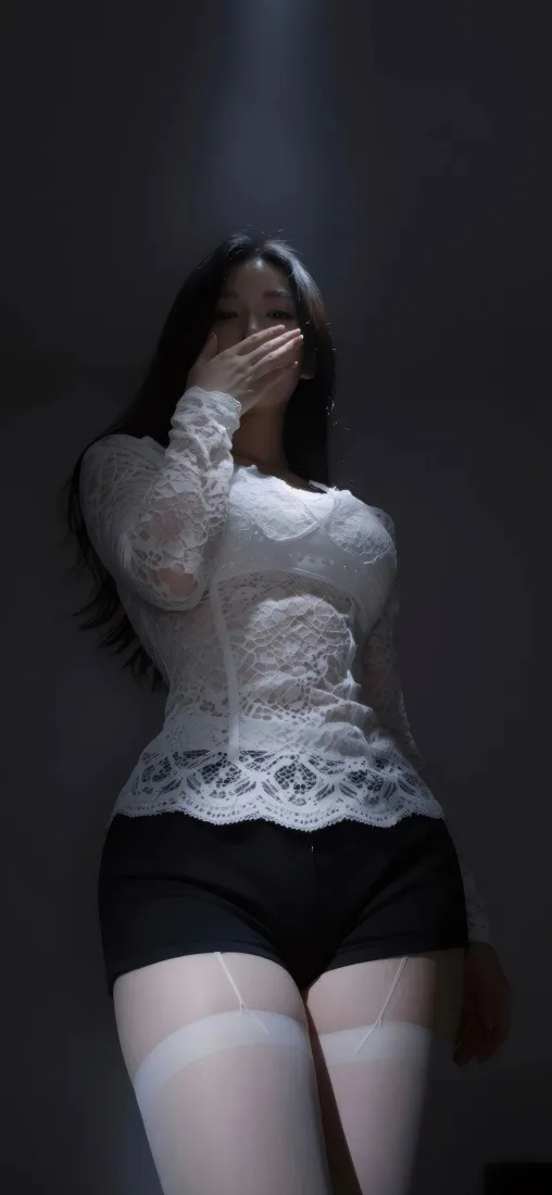 性感美女手机壁纸｜暗光背景图片 - 蕾丝上衣白丝穿搭「哲风壁纸」