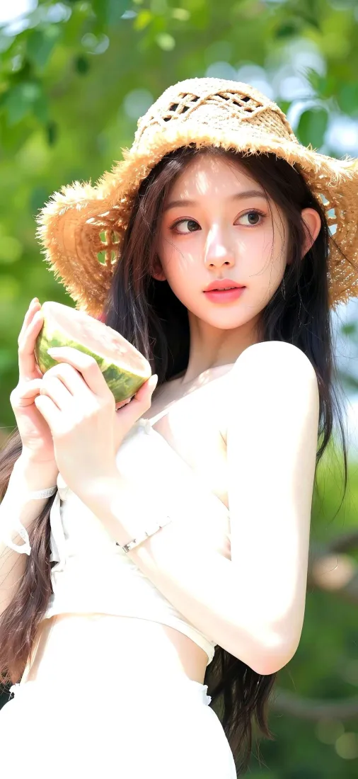 草帽美女手机壁纸｜夏日绿植背景图片 - 纯白穿搭清新性感「哲风壁纸」