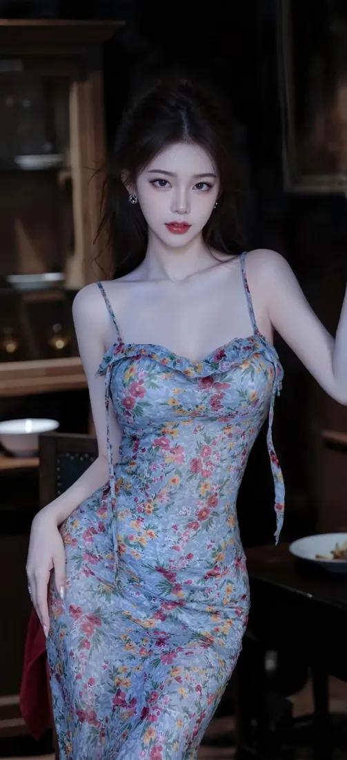 性感美女手机壁纸｜蓝色碎花裙背景图片 - 气质人像「哲风壁纸」