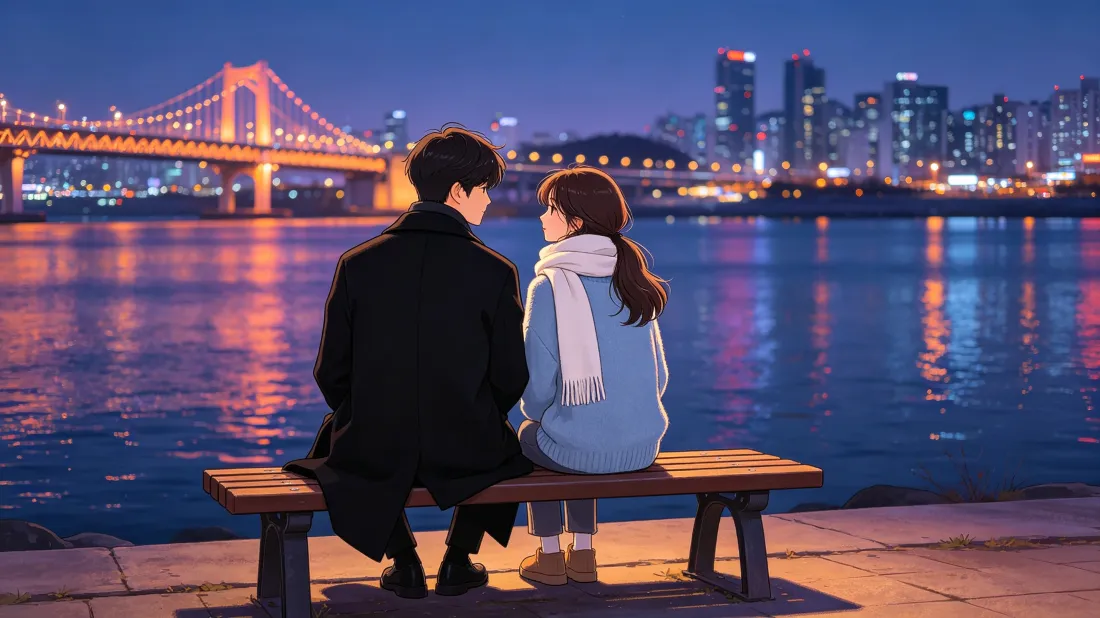 3k卡通情侣壁纸｜江边城市夜景背景图片 - 韩剧浪漫氛围感「哲风壁纸」