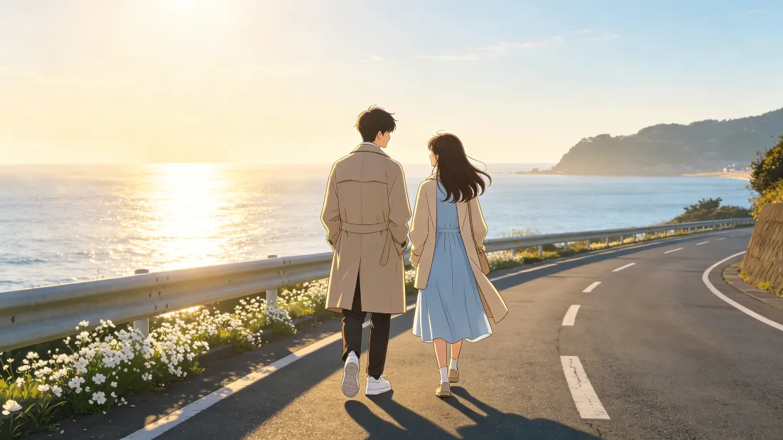 3k韩剧浪漫卡通情侣壁纸｜海边公路日落背景图片 - 治愈风「哲风壁纸」
