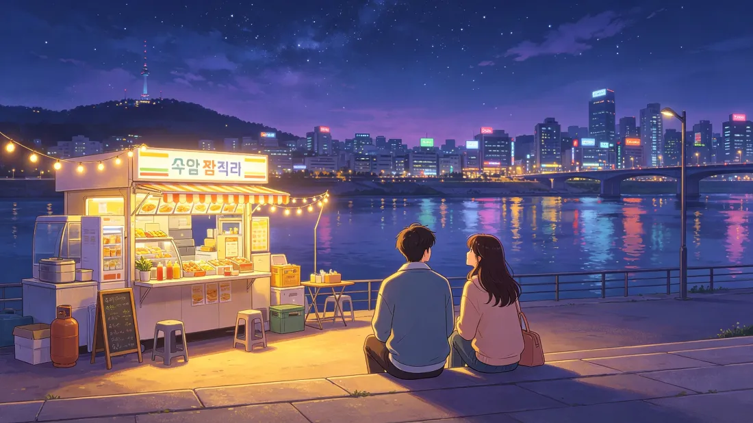 3k卡通情侣壁纸｜江边夜景背景图片 - 韩式浪漫氛围「哲风壁纸」