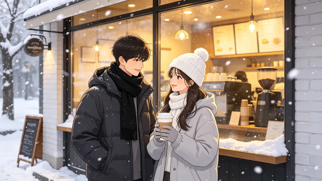 3k卡通冬日情侣壁纸｜咖啡店飘雪背景图片 - 韩剧浪漫「哲风壁纸」