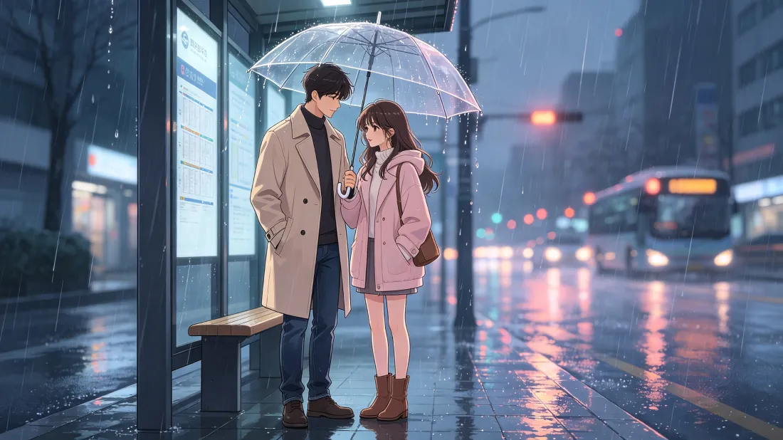 3k韩剧浪漫情侣壁纸｜雨夜都市公交站背景图片 - 卡通氛围感插画「哲风壁纸」