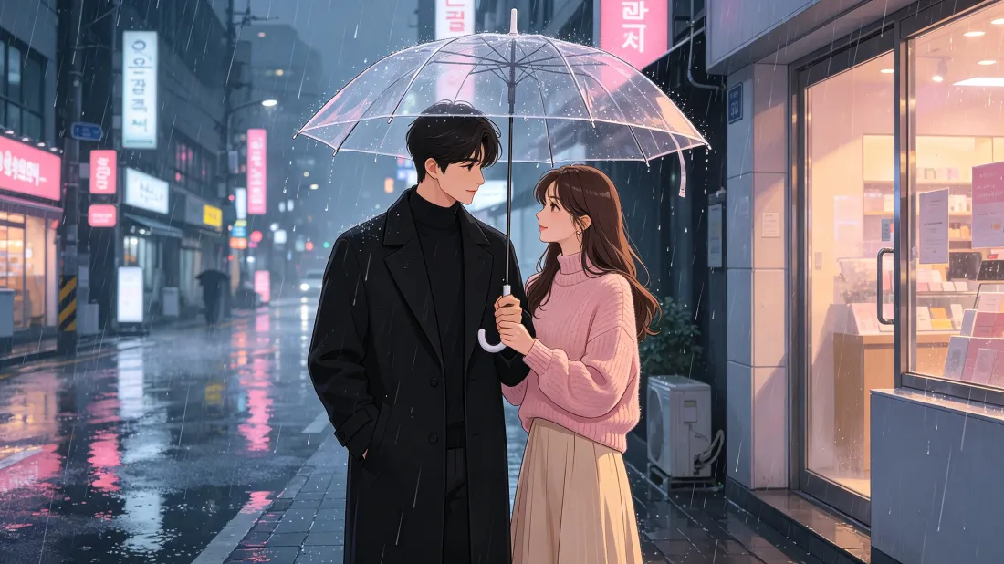 3k韩剧浪漫情侣壁纸｜雨夜街头背景图片 - 共撑透明伞「哲风壁纸」