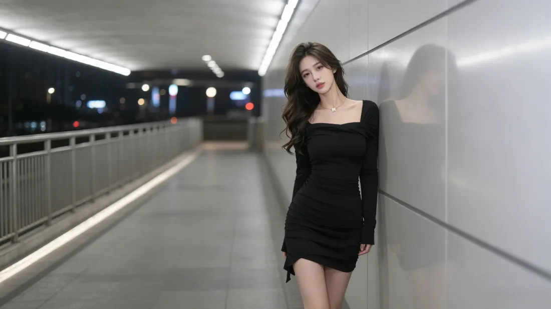 3k黑裙美女壁纸｜城市天桥背景图片 - 高级感氛围感写真「哲风壁纸」