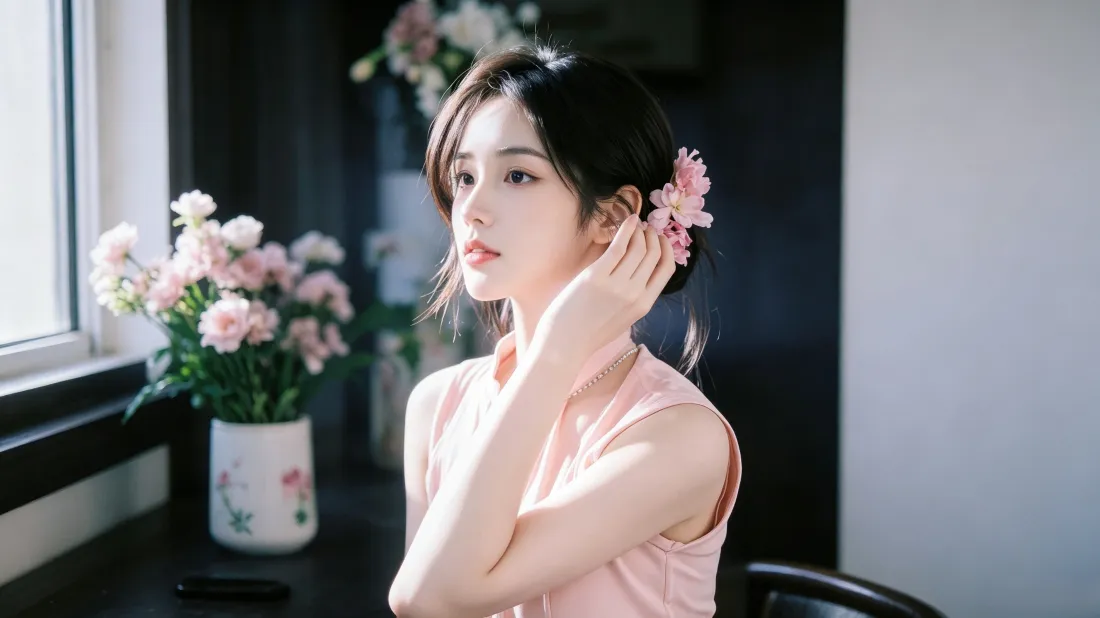3k粉色旗袍美女壁纸｜窗边花束背景图片 - 温柔氛围感「哲风壁纸」