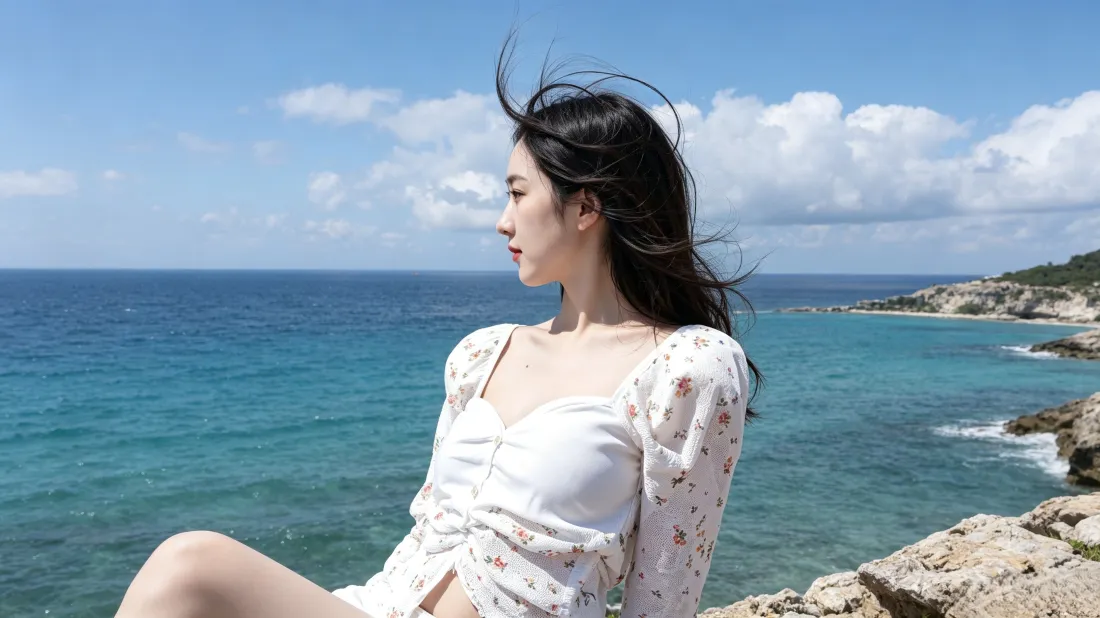 3k刘浩存壁纸｜海边蓝天礁石背景图片 - 清新灵动侧颜少女「哲风壁纸」