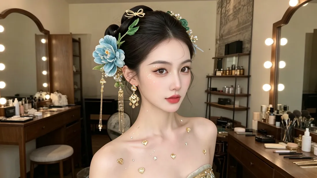 3k古风美女壁纸｜化妆间背景图片 - 蓝色花发饰造型「哲风壁纸」