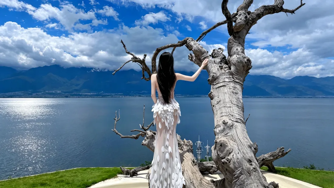 3k白裙少女壁纸｜湖边枯树背景图片 - 蓝天白云远山风景「哲风壁纸」
