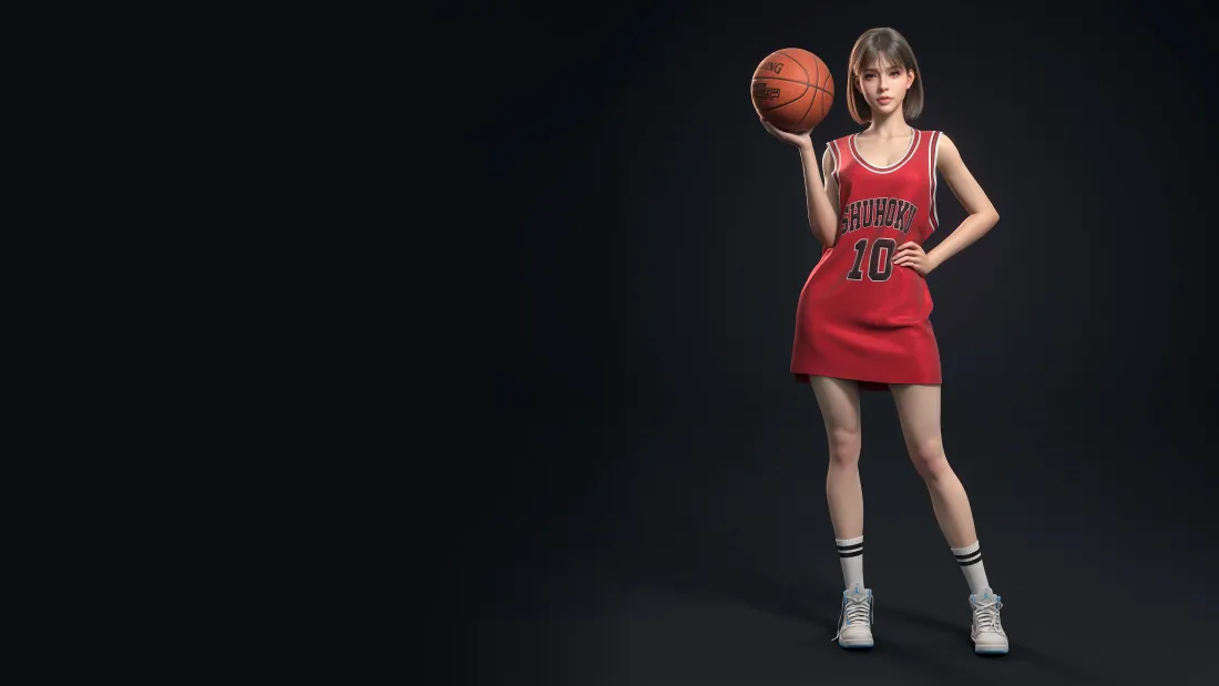4k3D篮球少女壁纸｜暗黑运动风背景图片 - 红色球衣穿搭「哲风壁纸」