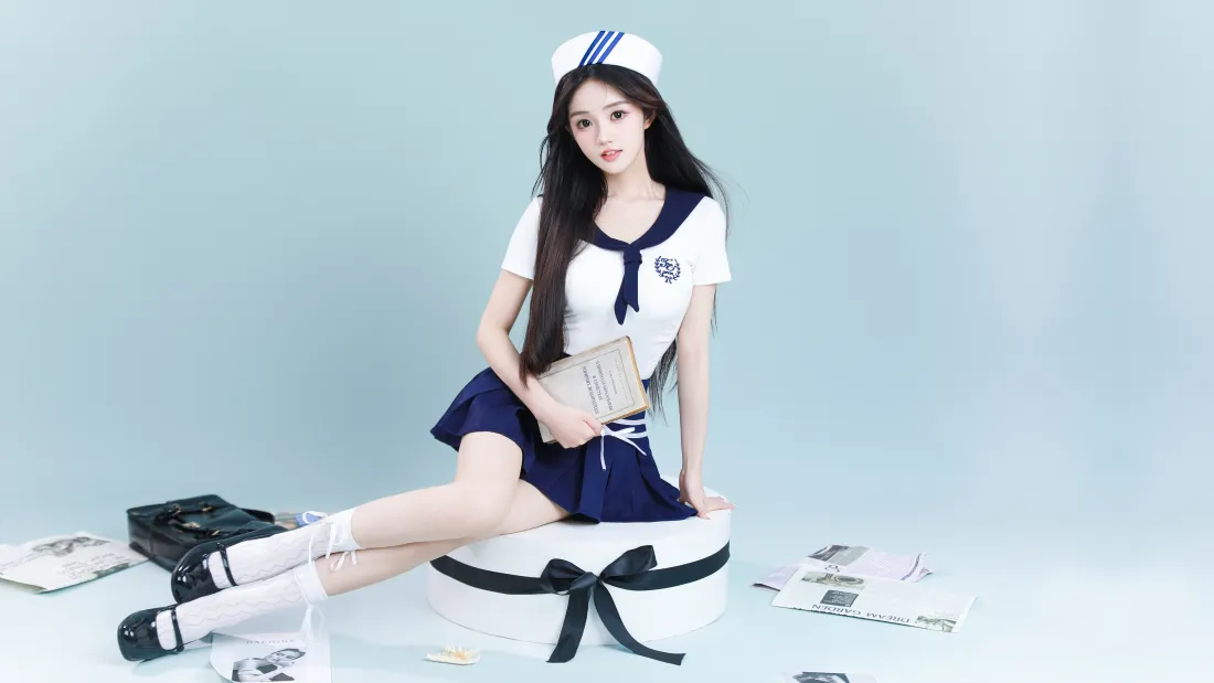 4k少女壁纸｜海军风制服背景图片 - 清纯长发人像写真「哲风壁纸」