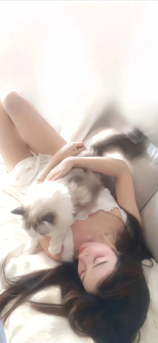 美女撸猫手机壁纸｜纯白床单背景图片 - 慵懒居家氛围「哲风壁纸」