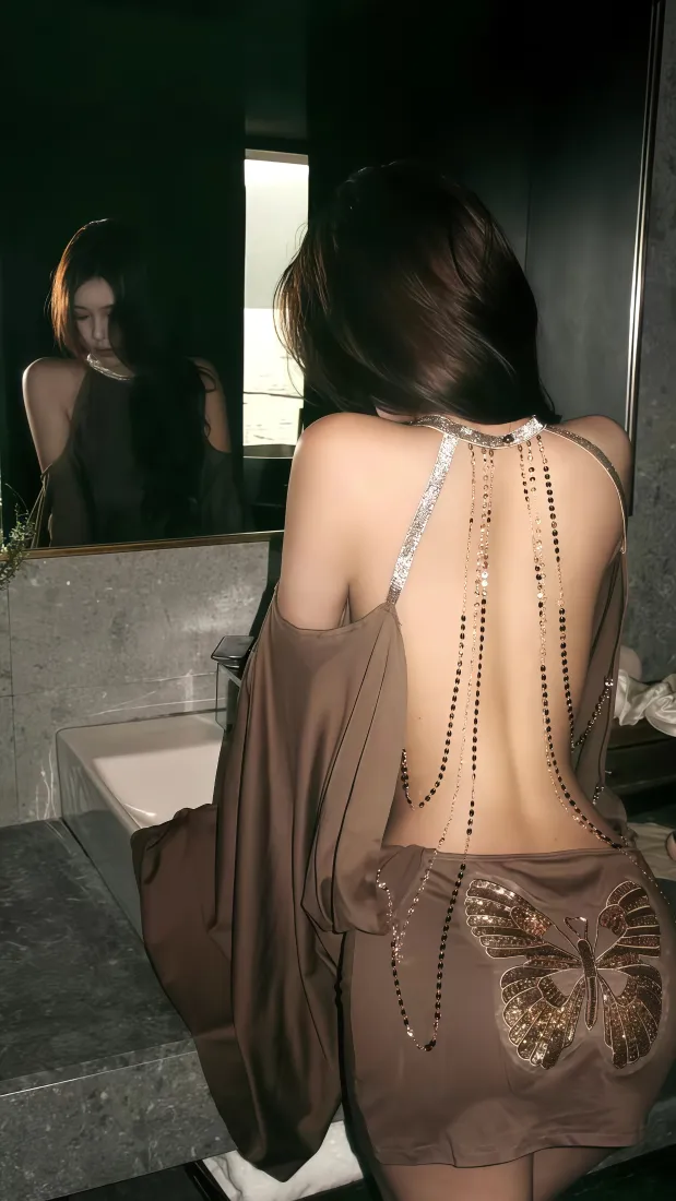 氛围感美女手机壁纸｜室内镜面背景图片 - 露背裙性感造型「哲风壁纸」