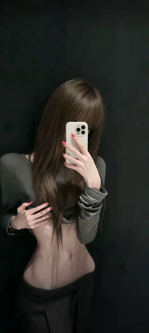 长发美女手机壁纸｜纯黑背景图片 - 修身穿搭对镜自拍「哲风壁纸」