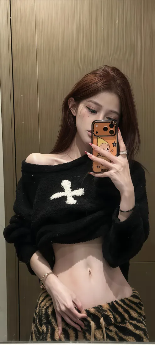 棕发美女手机壁纸｜对镜自拍背景图片 - 露肩甜酷穿搭「哲风壁纸」