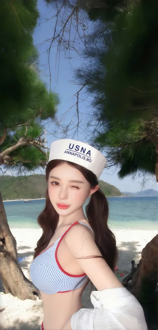 海边美女手机壁纸｜沙滩绿树背景图片 - 夏日清新写真「哲风壁纸」