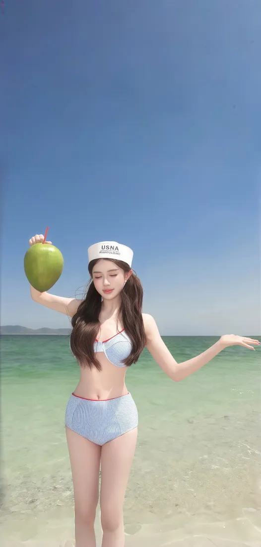 海边泳装美女手机壁纸｜蓝天浅滩背景图片 - 夏日清新「哲风壁纸」